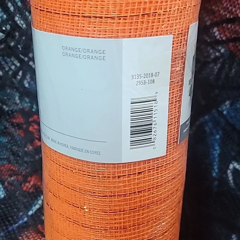 Floral Deco Mesh Roll - Orange with Orange Metallic Accents